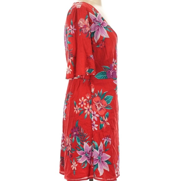 Old Navy Deep V Neck Waist-Defined Bell-Sleeve Faux-Wrap Red Mini Dress Large - Picture 5 of 11